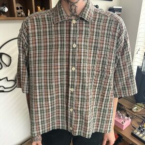 Vintage 90s Cropped Plaid Seersucker Button Down Shirt ~ Size Medium